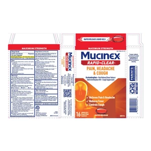 Mucinex Maximum Strength Rapid Plus Clear Acetaminophen 325mg Liquid Gels Capsules Relieves Pain Headache and Cough 16Ea