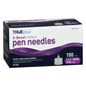 TRUEplus 5-Bevel Sterile Single Use Pen Needles 31Gx6mm 100Ea