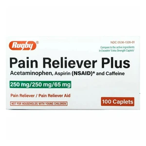 Rugby Pain Reliever Plus Caplets for Headache Muscle Aches and Minor Pain Relief 100Ea