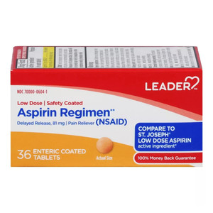 Leader Aspirin Regimen 81 mg Enteric Coated Tablets for Temporary Relief of Pains 36Ea