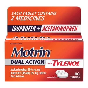 Motrin Dual Action with Tylenol Ibuprofen and Acetaminophen Tablets for Minor Aches and Pain Relief 80Ea