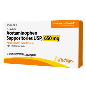 Padagis Acetaminophen Suppositories USP 650mg Tablets Pain Reliver and Fever Reducer 12Ea
