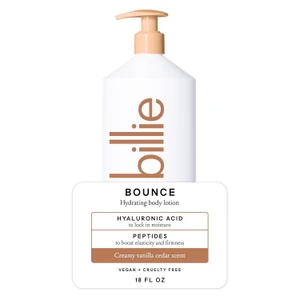 Billie Bounce Hydrating Body Lotion Creamy Vanilla Cedar Scent Peptides to Boost Elasticity and Firmness 18Oz