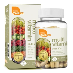 Zahler Daily Multivitamin 50 Plus Iron Free Formula 5mg of Lutein Veg Capsules Support Eye Health 60Ea