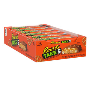 Reeses Take 5 Pretzel Peanut Butter Chocolate Candy Bars Crunchy Snack 1.5Oz (42g), Pack of 18