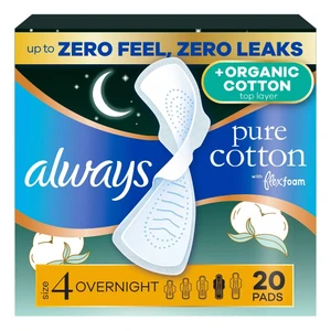 Always Pure Cotton with Organic Cotton Top Layer Overnight Pads with Wings Size 4 for Women 20Ea, Pack of 3