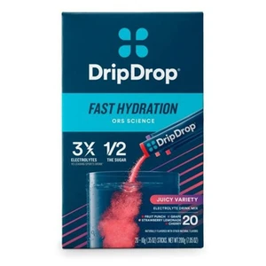DripDrop Dehydration Relief Drink Mix Fast Juicy Electrolyte Fruit Flavors 0.35Oz (10g) 20Ea