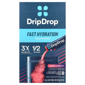 DripDrop Dehydration Relief ORS Electrolyte Drink Mix Juice Variety Fruit Flavors 0.35Oz (10g) 8Ea