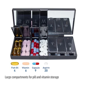 Equadose Mirrored Pill Organizer 7 Day Pill Case Black Compartments for Daily Medication or Supplements 1Ea