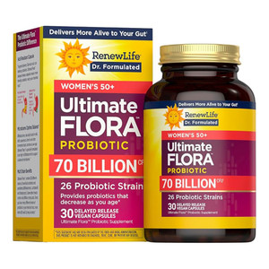 Renew Life Ultimate Flora Probiotics for Women 50 Plus 70 Billion CFU 26 Strains Veg Capsules Support Digestive Health 30Ea