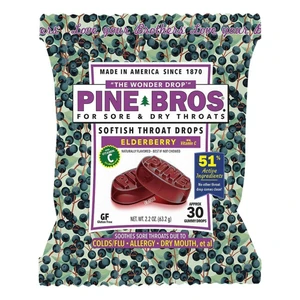 Pine Bros Sore and Dry Softish Throat Drops Elderberry Flavor Support Cold Cough and Congestion Relief 30Ea