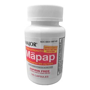Major Mapap Acetaminophen 500 mg Capsules for Pain and Fever Relief 100Ea