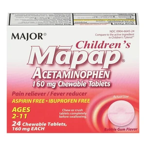 Major Childrens Mapap Acetaminophen 160 mg Chewable Tablets for Pain and Fever Relief 24Ea