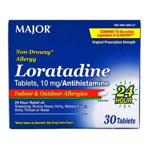 Major Loratadine 10 mg Tablets for Allergy Symptom Relief Non Drowsy 30Ea