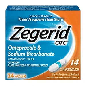 Zegerid OTC Omeprazole and Sodium Bicarbonate 20mg 1100mg Acid Reducer for Frequent Heartburn Capsules 14Ea