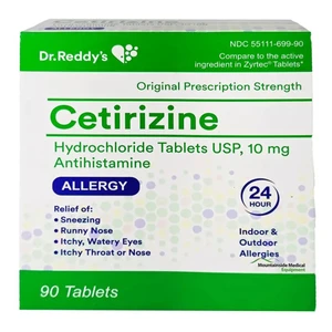 Dr Reddys Cetirizine Hydrochloride USP 10mg Allergy Tablets Relief Itchy Throat and Nose 90Ea