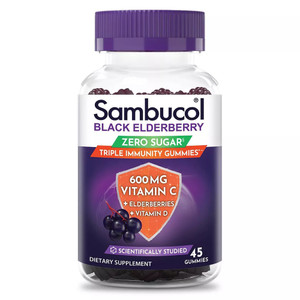 Sambucol Black Elderberry Zero Sugar 600mg Vitamin C and D Triple Immunity Gummies 45Ea