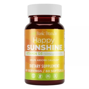 Basic Brands Happy Sunshine Vitamin D3 50mcg 2000IU Calcium Absorption Softgels 60Ea