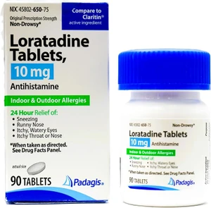 Padagis Loratadine Tablets 10mg Non Drowsy Antihistamine Tablets Relief of Runny Nose Itchy Throat or Nose 90Ea
