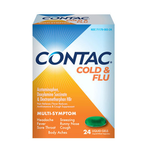Contac Cold and Flu Multi Symptom Liquid Gels Relieves from Fever and Body Aches 24Ea