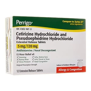Perrigo Cetirizine and Pseudoephedrine Extended Release Tablets for Allergy and Nasal Congestion Relief 12Ea