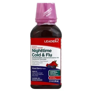 Leader Maximum Strength Nighttime Cold and Flu Liquid Mixed Berry Flavor 12Oz (355ml)