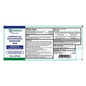 Method Pharma Guaifenesi Dextromethorphan Hydrobromide USP 10mg Cough Suppresant Syrup Expectorant 8Oz (237ml)