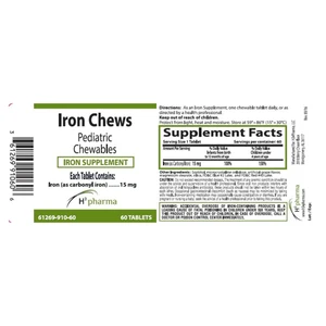 H2 Pharma Iron Chews 15mg Supplement Tablet Support for Energy and Red Blood Cell Health 60Ea