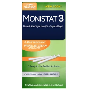 Monistat 3 Day Treatment Cream 4 Percent Miconazole Nitrate Vaginal Antifungal Cream 5gm Ready to Applicators 3Ea