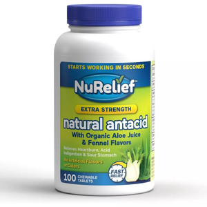 NuRelief Extra Strength Natural Antacid Aloe Juice and Fennel Flavor Chewable Tablet Relieves Heartburn 100Ea
