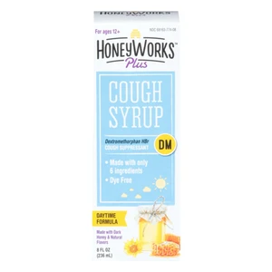 HoneyWorks Plus Cough Syrup for 12 Plus Organic Honey Daytime Cough Suppressant Soothe Throat Irritation 8Oz (236ml)