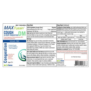 Akron Pharma Max Tussin Cough and Chest Congestion DM Cherry Flavored Sugar Free Relieves Throat Irritations 8Oz (236ml)