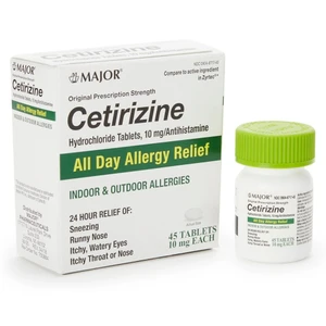 Major Cetirizine 10 mg Tablets for Allergy Relief 45Ea