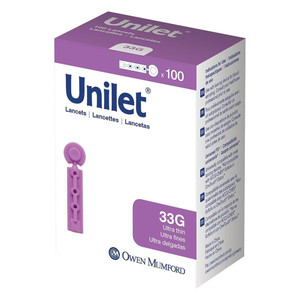 Owen Mumford Unilet Micro Thin Lancets 33G Ultra Thin for Blood Glucose Monitoring 100Ea