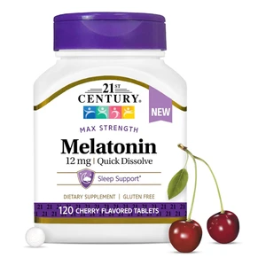 21st Century Max Strength Melatonin 12mg Cherry Flavored Supplement Tablets Promotes Relaxation and Sleep 120Ea