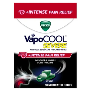 Vicks VapoCOOL Severe Plus Intense Pain Relief Drops for Sore Throat Relief 30Ea