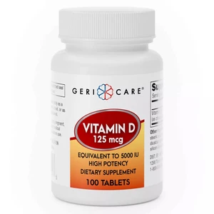 Geri Care Vitamin D 125mg Equivalent 5000IU High Potency Dietary Supplement Tablets Support Bone and Muscle Health 100Ea