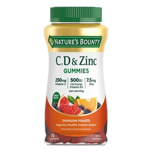 Nature's Bounty C D Zinc Immune Health Gummies Citrus Berry 250mg Vitamin C 70Ea