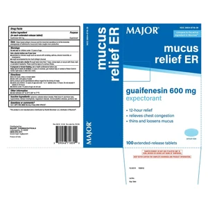 Major Mucus Relief ER Guaifenesin 600mg Expectorant Tablets Relieves Chest Congestion 100Ea