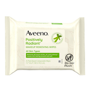 Aveeno Positively Radiant Makeup Removing Wipes for Gently Cleansing and Removing Dirt Oil and Makeup 25Ea