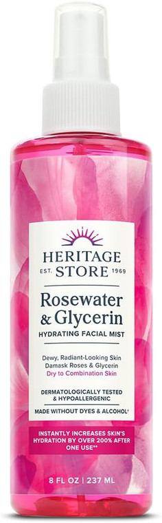 Heritage Store Rosewater and Glycerin Hydrating Facial Mist for Dewy Radiant Looking Skin 8Oz (237ml)