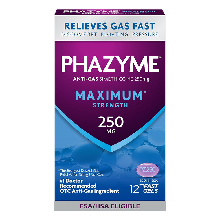 Phazyme Maximum Strength 250 mg Softgels for Fast Relief of Gas and Bloating 12Ea