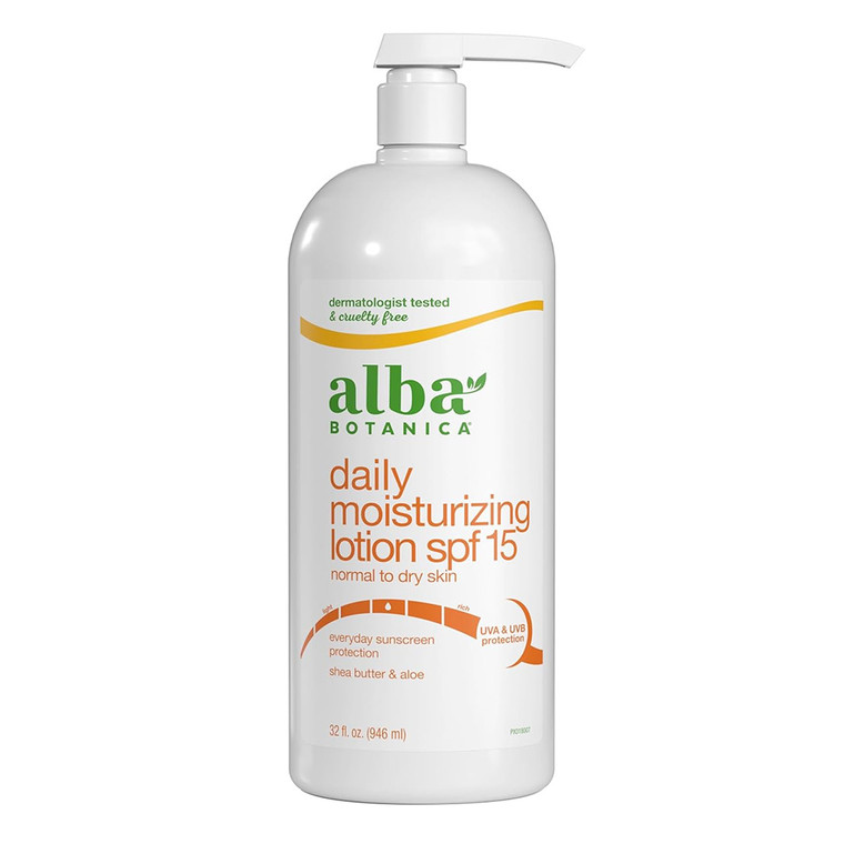Alba Botanica Daily Moisturizing Sunscreen Lotion SPF 15 Normal to Dry Skin with Shea Butter and Aloe 32Oz (946ml)