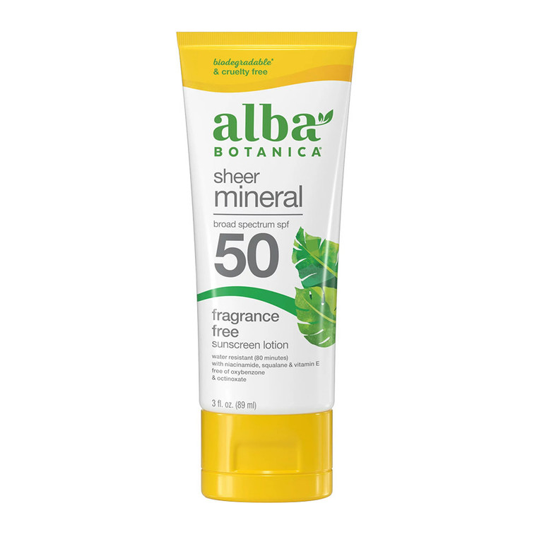 Alba Botanica Sheer Mineral SPF 50 Sunscreen Lotion Fragrance Free 3Oz (89ml)