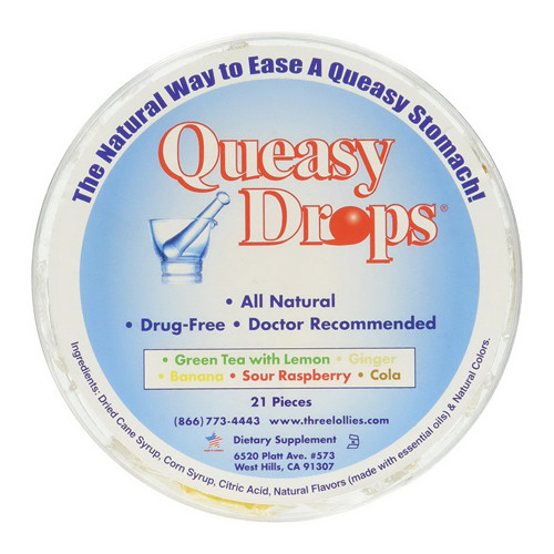 Three Lollies Queasy Drops For Stomach Nausea Relief Pieces Container, 21 Ea