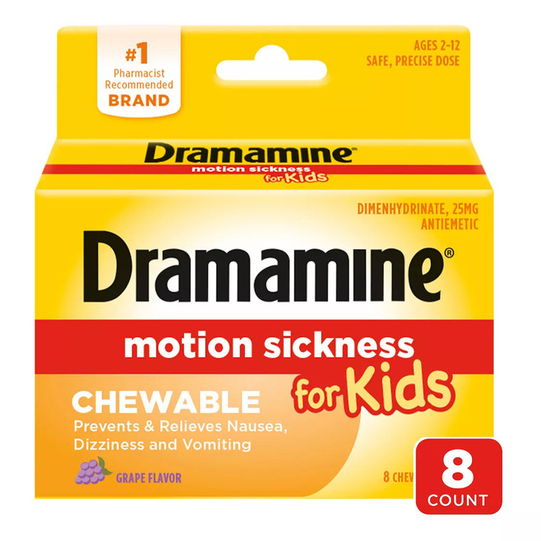 Dramamine Motion Sickness Relief Chewable Tablets for Kids Grape Flavor 8Ea
