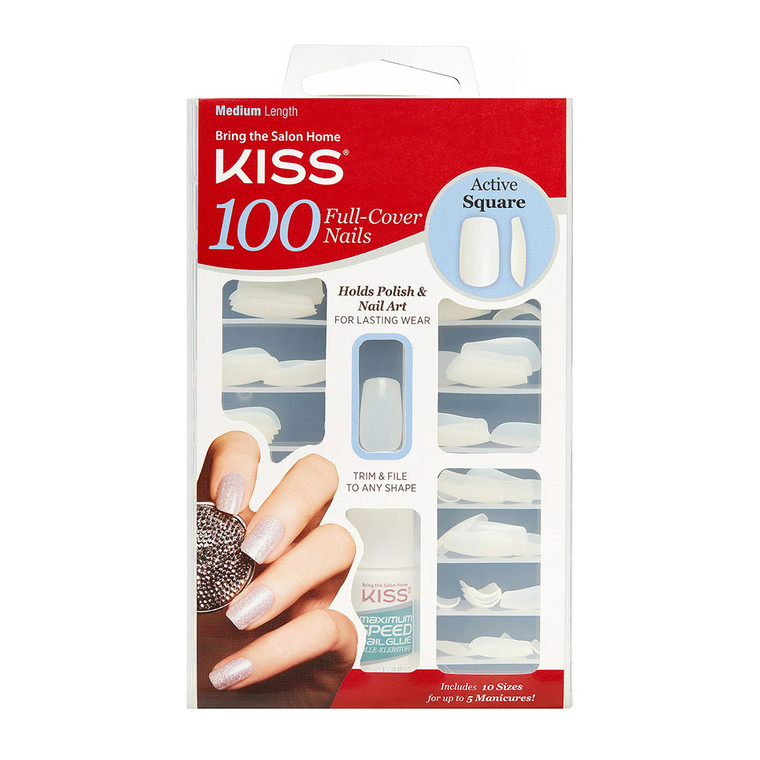 Kiss Full Cover Artificial Nail Kit, Active Square - 100 Ea