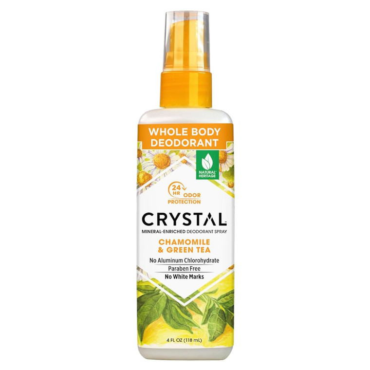 Crystal Chamomile and Green Tea Mineral Deodorant Body Spray for Odor Protection 4Oz (118ml)
