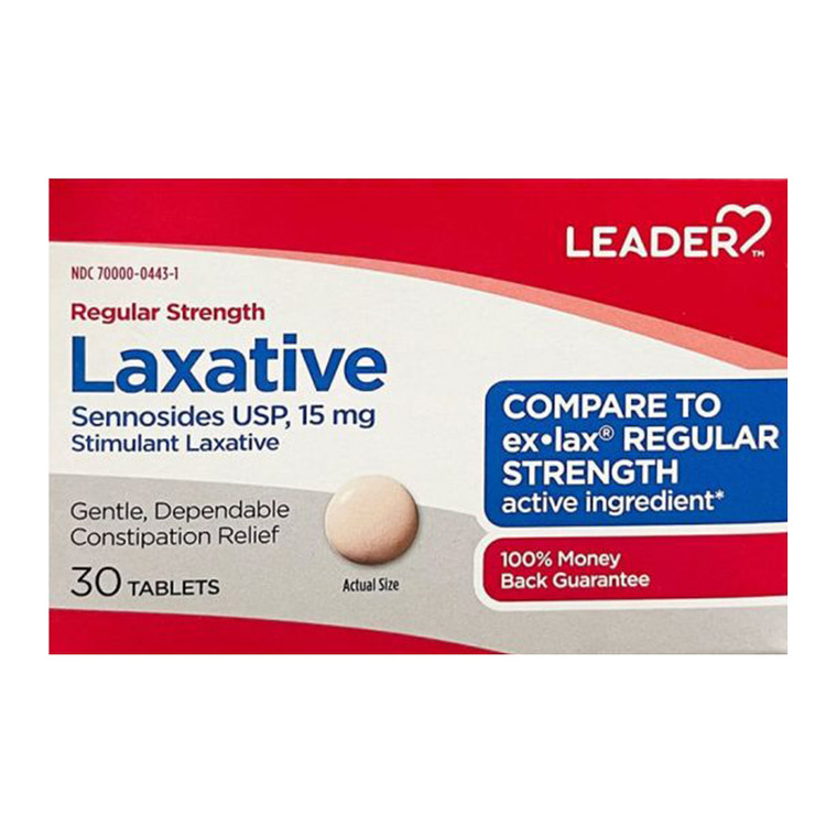 LEADER Laxative Sennosides USP Regular Strength Tablets, 30 Ea