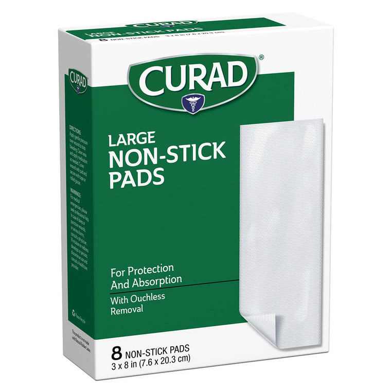 Curad Large Non Stick Pads 8 Inch x 3 Inch for Wound Protection Absorption and Clean Healing 8Ea